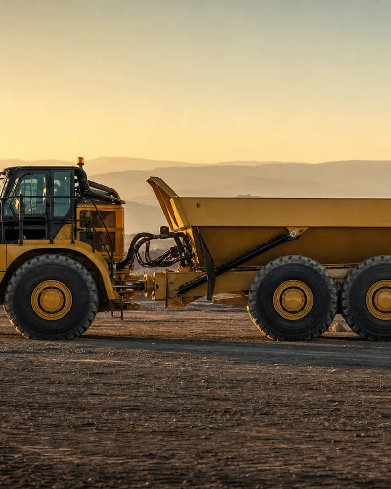 Articulated haul truck offloading material at a stockpile